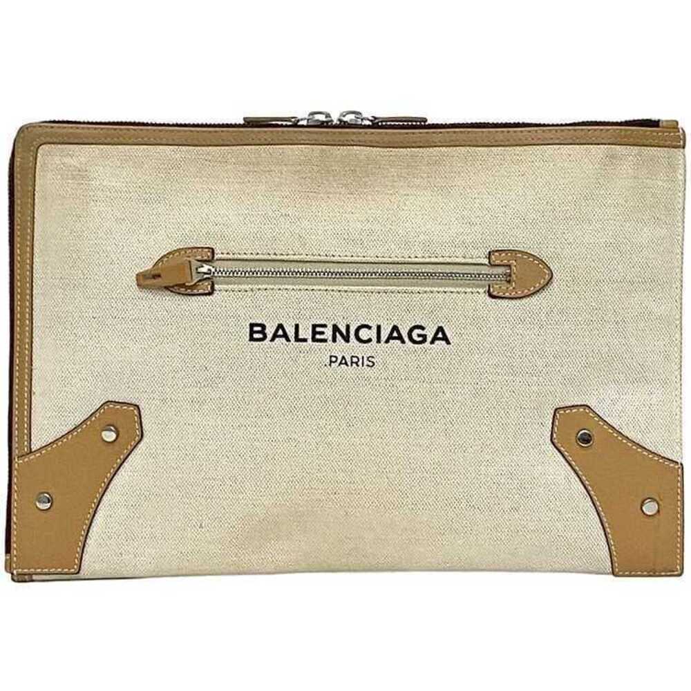 Balenciaga Clutch Bag Beige Handbag Canvas Leather Zipper Logo L - Picture 1 of 10